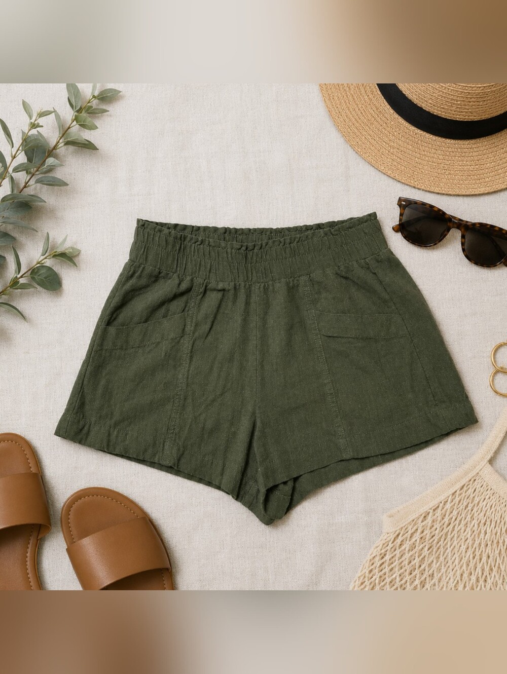 Pull-On Linen Blend Olive Green Women’s Shorts With Pockets Sz Medium